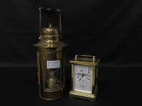 Lot 382 - BRASS CARRIAGE CLOCK together with a miners lamp