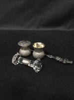 Lot 383 - TWO THISTLE CRUETS together with two silver...