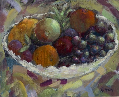 Lot 156 - * LIZ MCCARTHY, FRUIT WITH JAZZY CLOTH oil on...