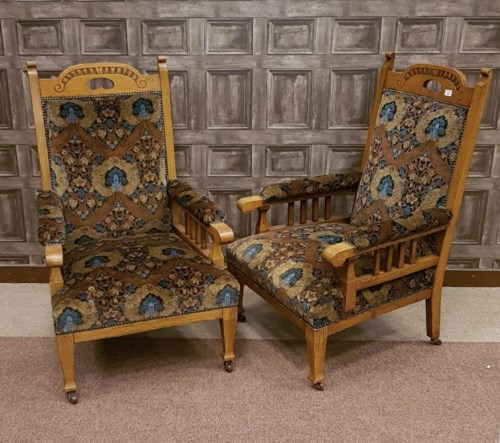 Lot 1623 - ATTRACTIVE PAIR OF LATE VICTORIAN OAK OPEN ARM...