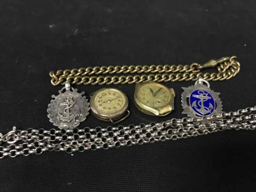 Lot 213 - SILVER WATCH CHAIN with shield shaped fob,...