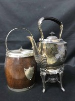 Lot 358 - SILVER PLATED TEA KETTLE on stand, along with...